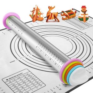 Cây Cán Bột Bằng Thép Không Gỉ Có Thể Điều Chỉnh Với 4 Vòng Có Thể Tháo Rời Dụng Cụ Cán Bột Đa Năng Để Làm Bánh Pizza Dụng Cụ Nhà Bếp Thân Thiện Với Môi Trường