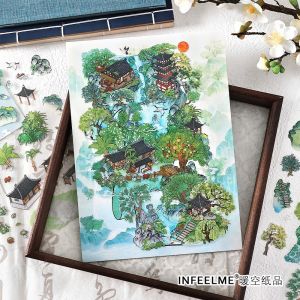 สติกเกอร์ภาพวิว InfeelMe ขนาดใหญ่พิเศษ สไตล์โบราณ ภาพวาดแบบ DIY สำหรับตกแต่งลายชั้นๆ ภูเขา ดอกไม้ ลายดอกพีช