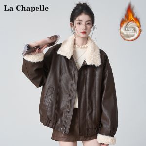 La Chapelle | Warm Faux Lamb Fur Collar Womens Winter PU Leather Jacket