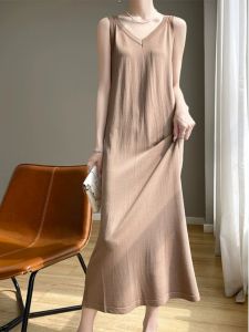 Summer New V-neck Knitted Wrap Dress Women Loose Slimming Midi Sleeveless Vest Dress High Waist A-line Simple Style Spring