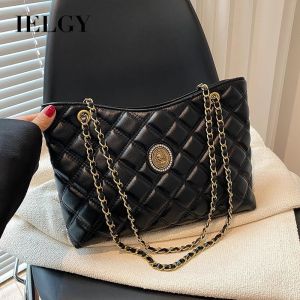 IELGY Ladies Black Large-Capacity Bag Diamond Chain Underarm Bag All-Match One-Shoulder Tote Bag