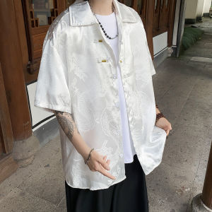 Fashionable Ice Silk Short Sleeve Mens Shirt Loose Fit Embroidered Chinese Style Jacket Casual Youth Summer Top