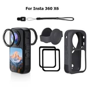 For Insta360 X6 Tempered Glass Film Lens Guard Cover Anti-loss Rope Silicone Protective Case Cap Camera Accessories Kit