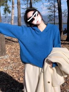 Klein Blue Oversized Long Sleeve Knitted Hat Womens Autumn Winter Slimming Lazy Style Top Warmth Emitting Pure Color Design