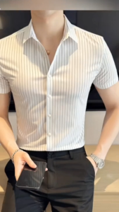 Fashion Polyester cotton Slim fit Short sleeves Striped Shirts Formal Business Lapel Top M-3XL