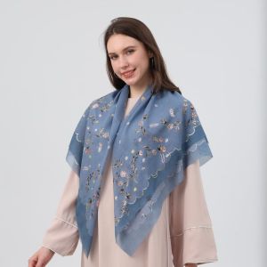Jifang 110*110cm Women Ditsy Flower Floral Print Cotton Linen Big Square Scarf Pashmina Muslim Hijab Square Bawal RR51