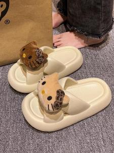 Adorable Plush Kitty Cat Slippers Thick Heel Flat Sandals Womens Spring Summer Outdoor Casual Slip-On Shoes Cartoon Pattern