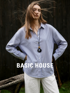 Basic House | Blue Striped Long Sleeve Loose Fit Slimming Blouse For Autumn Commuting