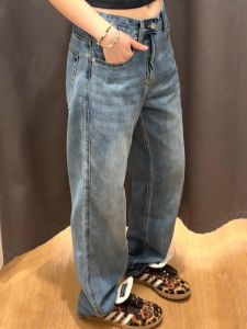 High Waist Wide Leg Jeans Womens Loose Fit Long Straight Floor Length Pale Blue Denim Pants Trousers for Young Adults