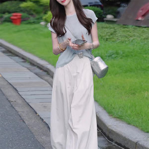 Shalldoer | Elegant Summer Womens Knitted Short Sleeve Hollow Out Back Button Wide Leg Pants Set Casual Style Round Neck T-Shirt Two-Piece Set