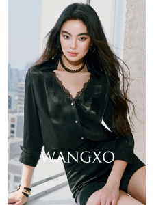 WANGXO | Áo Sơ Mi Tay Dài V-Neck Kết Hợp Ren Và Voan Lụa