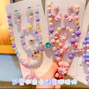 Jewelry 4in1/set Children Kid Cartoon Kuromi Frozen Stella Kitty Necklace Bracelet Earring Clip Girl Gift 儿童卡通项链手链耳环戒指套