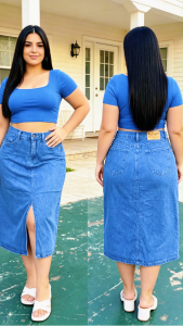 Z663 Highwaist Front-Slit Denim Midi Skirt For Petite and Plus Size Women