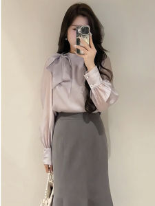 เสื้อเชิ้ตแขนยาวผู้หญิงไซส์ใหญ่สไตล์ฝรั่งเศส ทรงหลวม สไตล์ฤดูใบไม้ร่วง 2024 กระโปรงทรงเอเข้ารูป เสื้อผ้าทำงาน