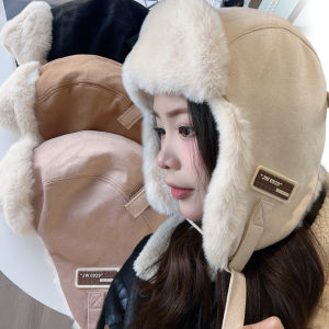 【Fairy Castle】Womens Winter Suede Velvet Thickened Warm Beanie Russian Caps Korean Fashion Ushanka Earflap Pilot Hat Womens Trend Bomber Hat