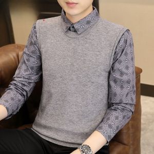 HENGYUANXIANG | Hengyuanxiang Mens Knitted Shirt Collar Sweater Fake Two-Piece Style Autumn Collection Slim Fit Long Sleeve Casual Top