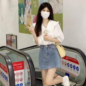 Summer New Style French Retro Peter Pan Design Doll Collar Large Lace Short Sleeve Loose White Shirt Small Top Womens Fashion