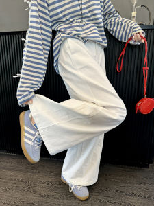 High Waist Pure Color Washed Cotton Casual Pants Women Loose Slimming Versatile White Wide Leg Loose Feel Long Trousers
