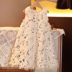 Girls Feather Sequin Cotton Lined Vest Dress Thickened New Years Outfit Princess Style Autumn Winter Childrens Clothing