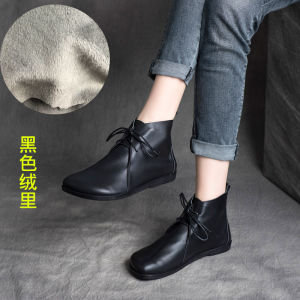 Handmade Low Heel Short Boots Womens Ankle Boots Flat Bottom Leather Ethnic Style Fall New Arrival Casual round Toe Rubber Outsole