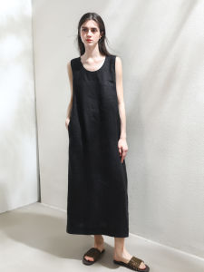 Miccbeirn | Pure Hanflax Sleeveless Round Neck Dress A-Line Long Dress Breathable Comfortable Commute Versatile Vest Dress Summer Wear