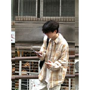 HetingHOME | Hetinghome Plaid Loose Mens Shirt Couples American Style Autumn Trendy Brand Washed Polyester Cotton Blend Long Sleeve