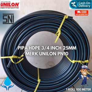 Pipa Hdpe Atau Selang Hitam 3/4 Inch PN10 Merk Unilon Sdr17 1 Roll 100 Meter
