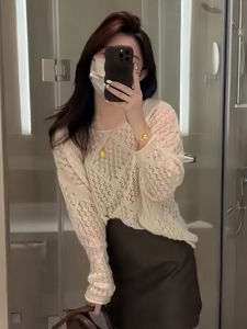 Korean Style Long Sleeve Knitted Sweater Womens Early Autumn Hollow out Thin Outerwear Sun Protection Cover up Top