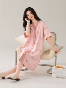 miiow | Pure Cotton Short Sleeve Open Cardigan Nightgown Womens Style Summer Casual Loose Home Clothes Sleepwear New Model