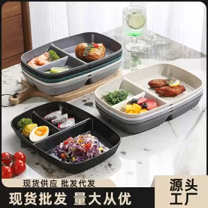 Compartment Food Plate with 3-4 sections black and beige for meal separation on marble countertop.