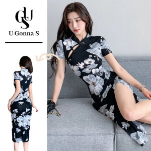 ชุดกี่เพ้ายาว2024ทันสมัยสำหรับผู้หญิงมีแขนสั้นกรีดตามยาวข้างคอจีนบอดี้คอนสง่างามเซ็กซี่แฟชั่นดีไซน์แบบดั้งเดิมเสื้อผ้ายืดได้สีน้ำเงินปาร์ตี้มื้อเย็นช่วงเย็น