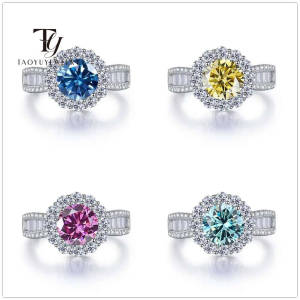 Round Shape 2 Carat Pink Roayl Blue Color Moissanite Ring S925 Sterling Silver Ring For Women Engagement Wedding Fine Jewelry