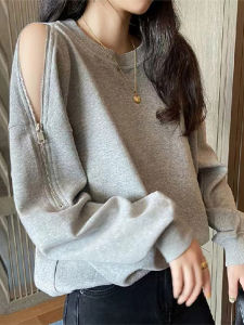 Shoulder Bared Long Sleeve Loose Fit Hoodie Womens Autumn Thin round Neck Versatile Top Coat Zipper Design Korean Style