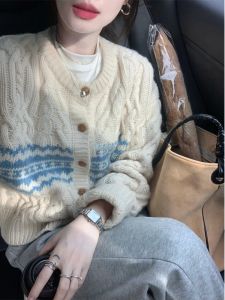 Elegant Retro Christmas Knitted Open Cardigan Womens Autumn Winter Loose Comfortable Sweater Jacket Floral Pattern Long Sleeve round Neck