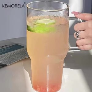 KEMORELA 1/2PCS 40oz Large Glass Tumbler with Straws and Lids Glass Coffee Tumbler with Handle Clear Water Bottle for CarCamping