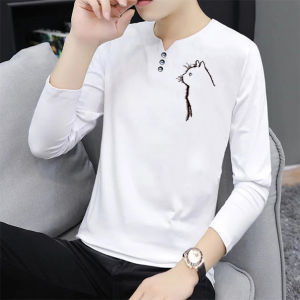 Áo Thun Nam Dài Tay Cổ Chữ V in Họa Tiết Phong Cách Mới Trung Quốc 95% Cotton Áo Lót Ôm Vừa Vặn Mặc Nhiều Lớp Mùa Thu