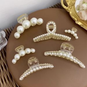Korean Style Pearl Hair Clip Elegant Pearls Beads Hair Claw Clip for Woman Shiny Pearl Hair Pin Transparent Plastic Hairclip Hair Accessories