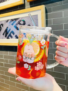 1000ml Large Capacity Glass Good-looking Cartoon Drinking Cup with Lid Cup with Straw High Temperature Resistant Juice Cup