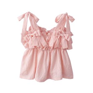เสื้อกล้ามสายเดี่ยวสีชมพูสไตล์เกาหลีฤดูร้อนปี 2022 ดีไซน์ใหม่ ผูกโบว์ผีเสื้อ ทรงเข้ารูป เสื้อคลุมเกาะอก เสื้อผ้าทำงาน