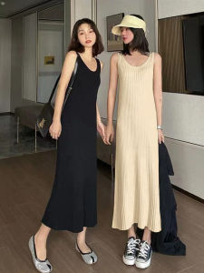 Spring and Autumn round Neck Inner Wearing Long Style Vest Dress Black Slip Dress Pregnant Women Oversized Knit Sling Underskirt Women