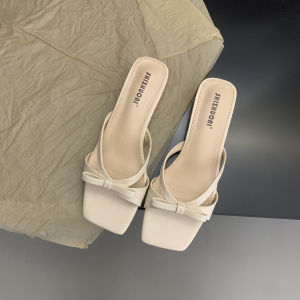 Jiji Studios Gentle Bows Square Toe Open Toe Sandals Womens Summer Autumn New Style Soft Bottom Minimalist Slippers Non Slip