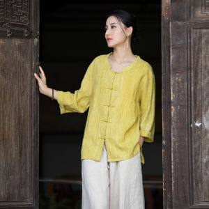 Hand Dyed Cotton Linen Womens Shirt Tai Chi Zen Meditation Sitting Crossbody Sun Protection Outerwear Stand Collar Button up