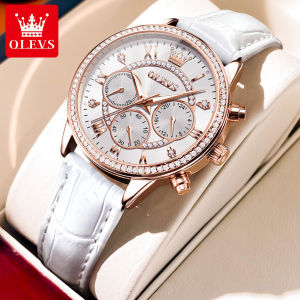 OLEVS Korean Elegant Womens Watch Original Waterproof Watch Chronograph Stopwatch Diamond Luminous Quartz Leather Strap (1*Box)