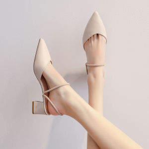 Elegant Pointed Toe Chunky Heel Mule Slippers Womens Summer New Style Two-Way Wear Roman Sandals Flat Head Rubber Sole