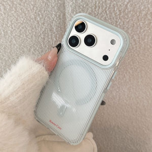 Potdemiel | Korean Striped With Lattice Love Heart Magnetic Bracket Phone Case for iPhone 17 16 15 14 13 12 Pro Max Shockproof Soft Cover