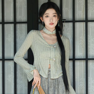 Fashionable Knitted Set Womens Early Autumn New Chinese Design Wide Leg Pants V-Neck Button Closure Sleeveless Top And Cardigan