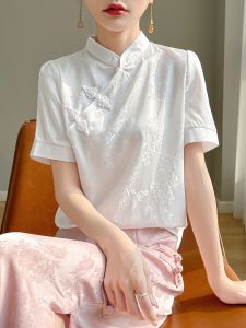 White New Chinese Style Shirt Summer Stand Collar Hanfu Button Satin Women Short Sleeve Sweet Style Traditional Chinese Fashion