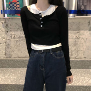 เสื้อยืดแขนยาวทรงเข้ารูปสไตล์เกาหลีสำหรับผู้หญิงไซส์ใหญ่ ฤดูใบไม้ผลิและฤดูใบไม้ร่วง เสื้อชั้นในสั้นแบบผสมผสานสองชิ้น