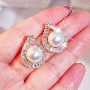 Sequito tinh tế trang sức nữ mạ vàng đầy đủ Pave thiết lập kiểu cắt Baguette aaaaa đá Cubic Zirconia thời trang hình giọt nước lớn Bông tai ngọc trai bông tai kỷ niệm trang trí tai se879