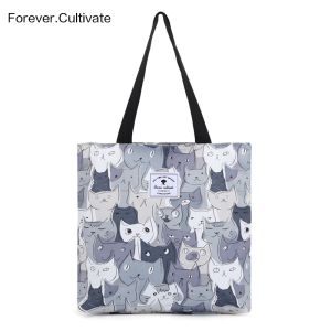 Eco-Friendly Cat Print Shopping Bag Womens Large Tote Shoulder Handbag Magnetic Closure Oxford Cloth Cartoon Anime Style